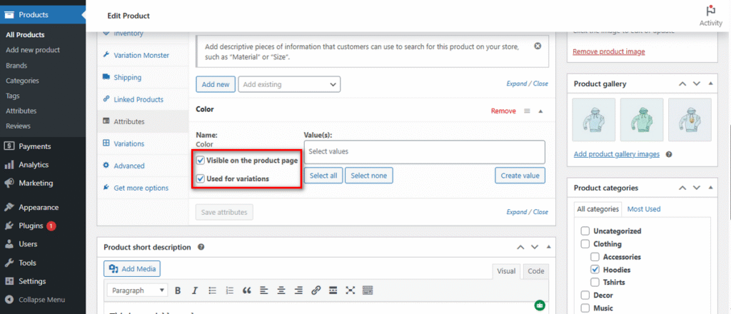 show product variation on pproduct page