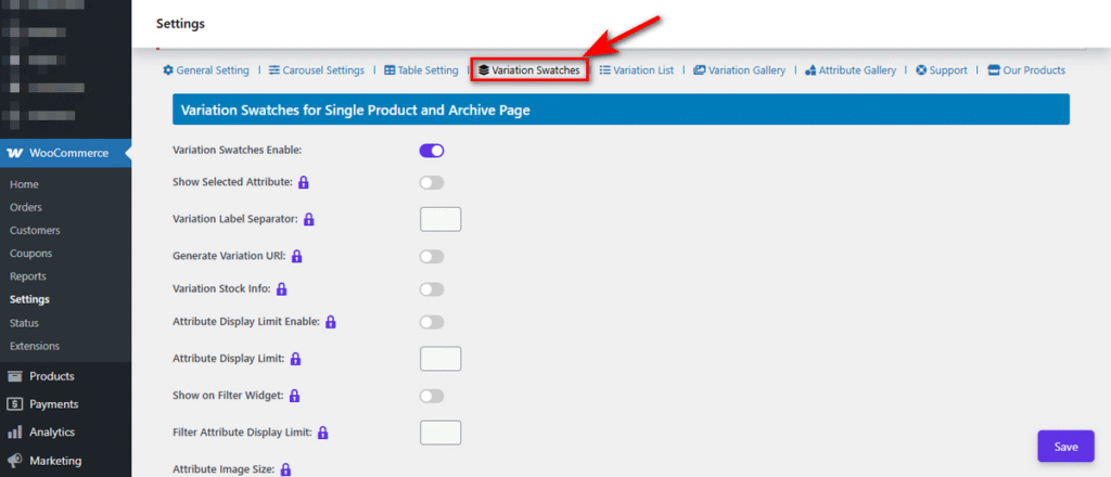 how to setup variation swatches