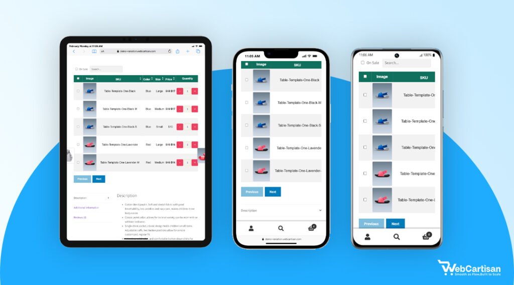Responsive variation table design for mobile devices