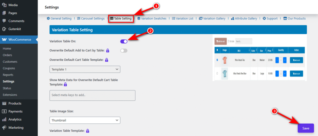 variation table settings