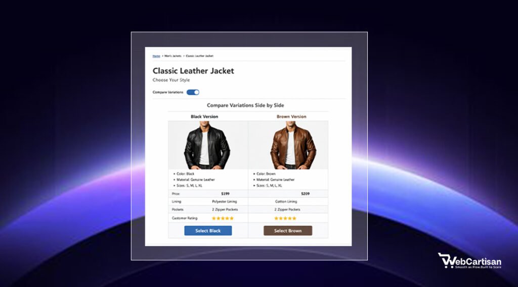 Variation table design with color and size options
