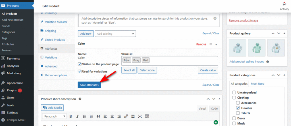Click save attributes buttons to save