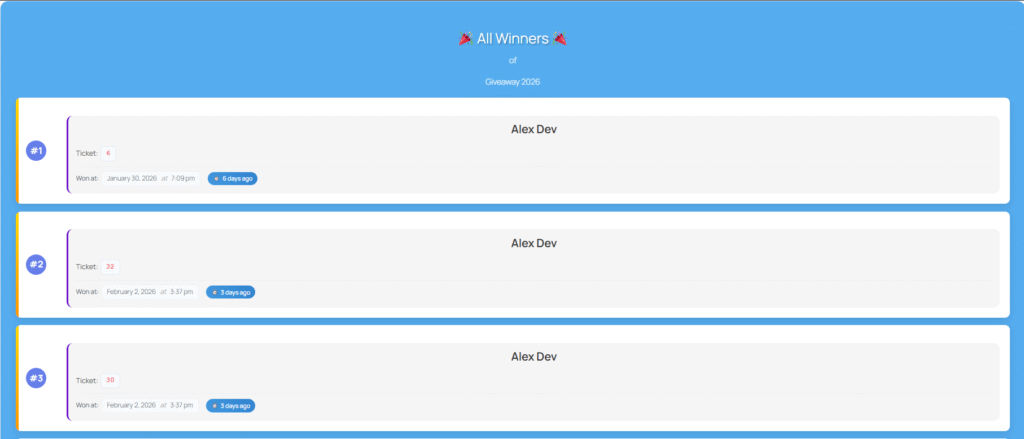 Specific Product Winner List