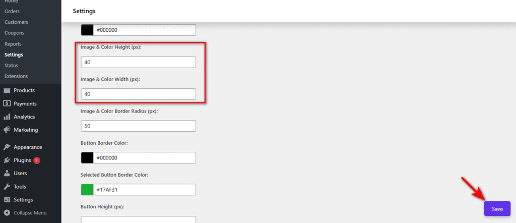 how to adjust the Swatch Width/Height